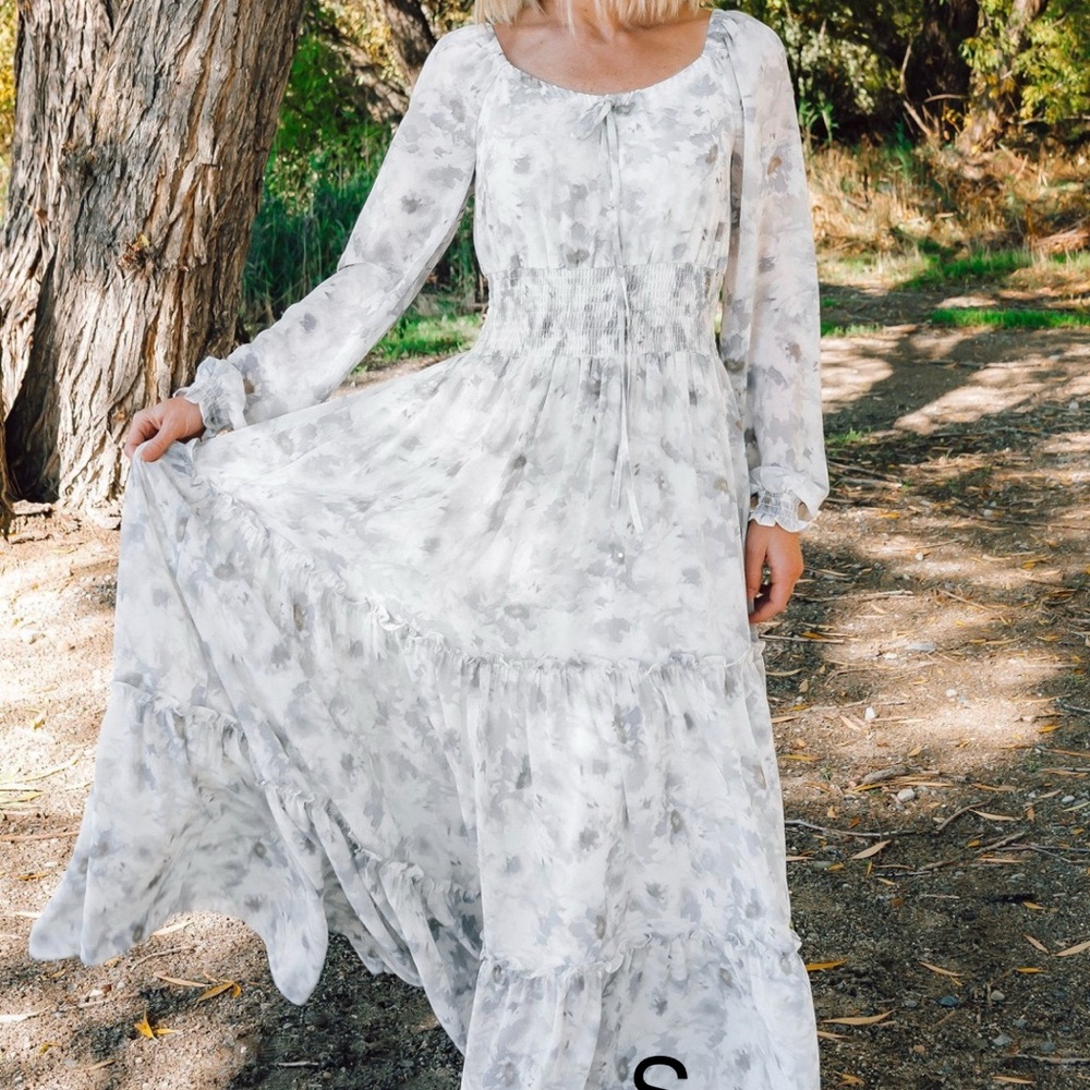 Baltic Born White and Gray Floral Long Sleeve Dress